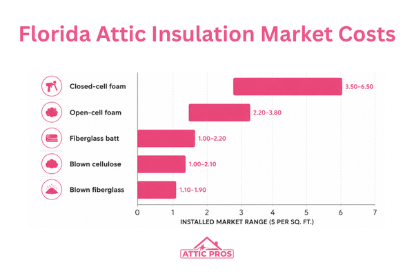 2026 Florida attic insulation cost ranges by insulation type, including blown fiberglass, cellulose, fiberglass batt, and spray foam